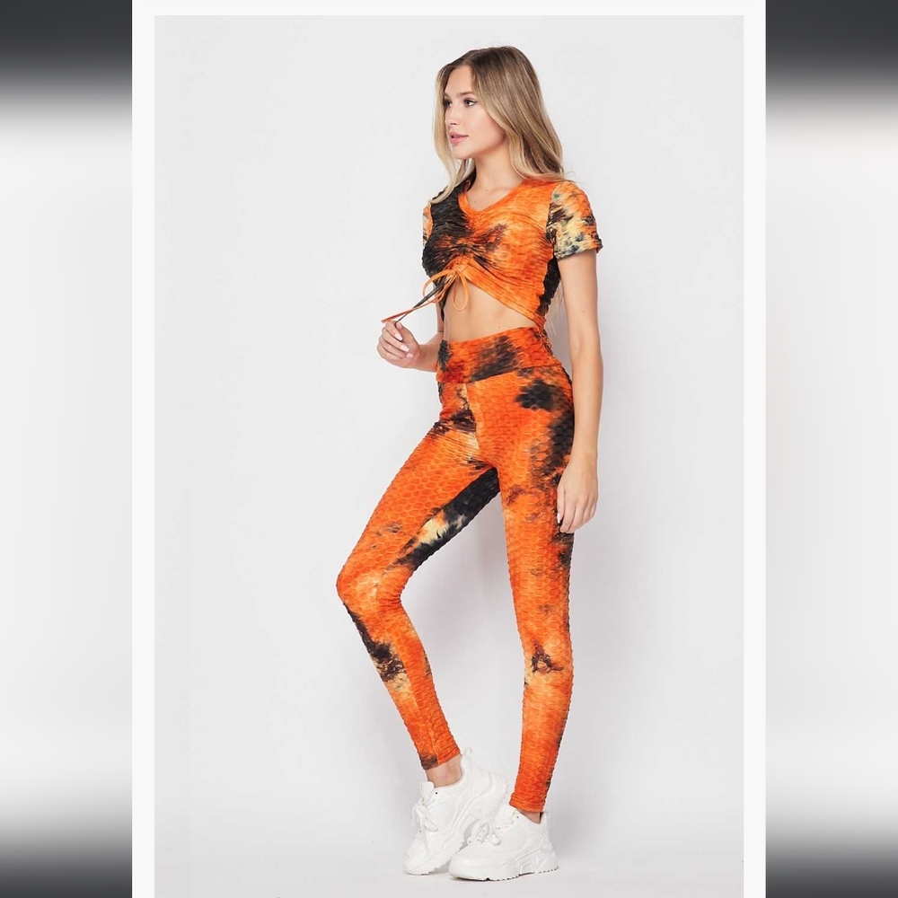 LONG SLEEVE 2 piece ruched colorful tie dye crop top tik Tok leggings set S/M